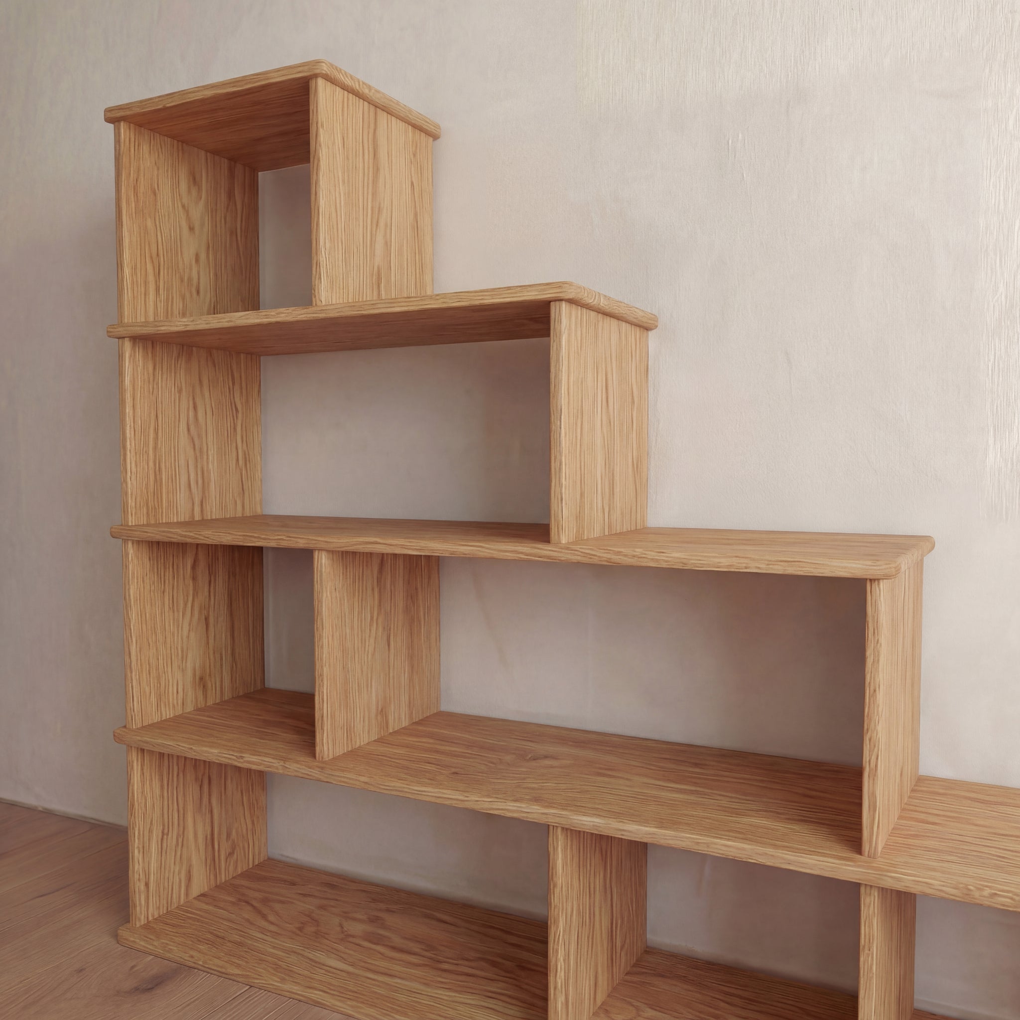 Step bookcase in solid oak close up