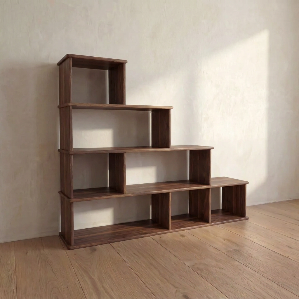 The Step bookshelf in walnut, handmade with five staircase-style tiers, stands against a light wall on a wooden floor in a minimally decorated room.