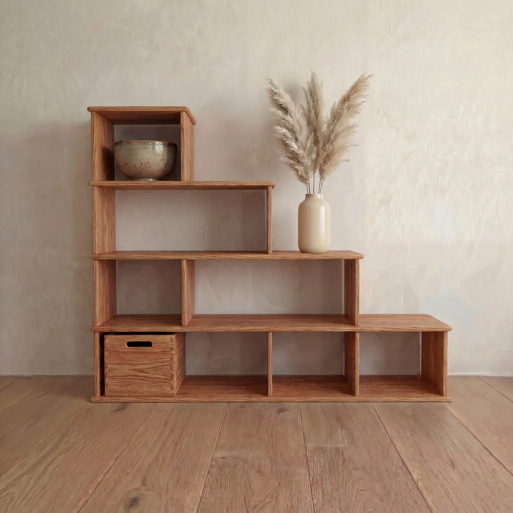 The Step bookshelf in red oak stands against a beige wall, holding a ceramic bowl, a vase with dried pampas grass, and a small storage box. The wooden floor enhances the scene’s minimal and tidy aesthetic.