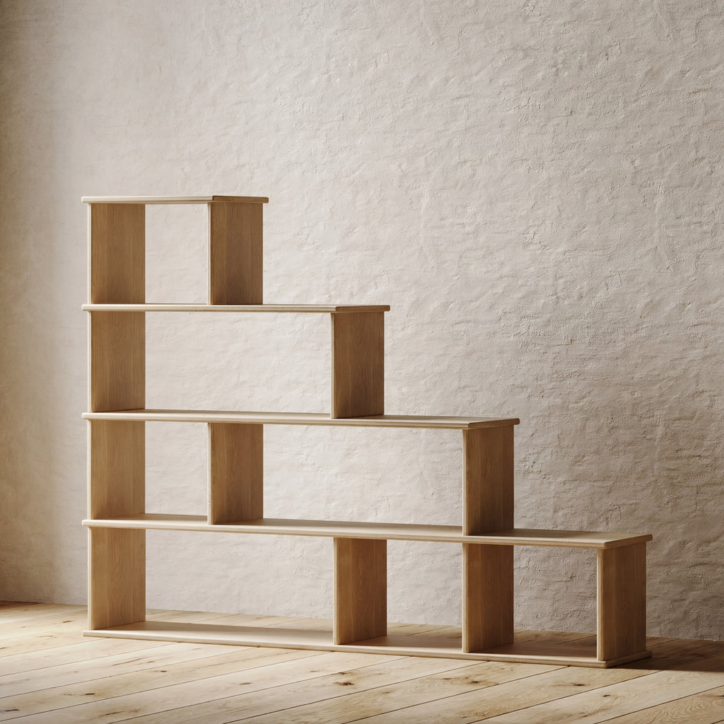 step bookcase in white oak