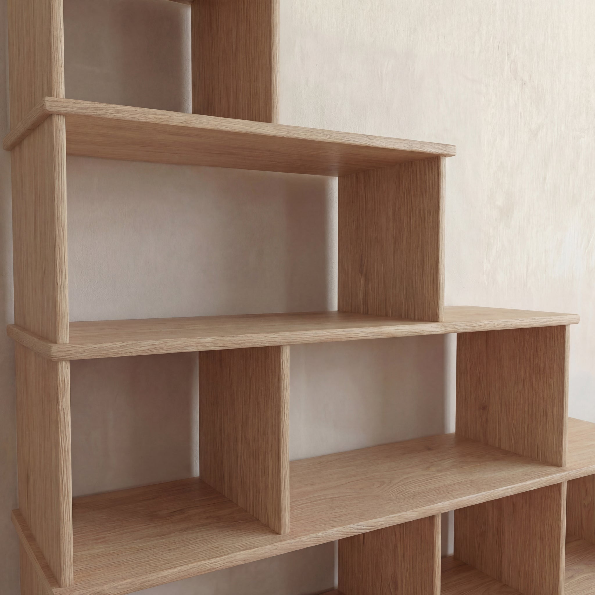 step bookcase in white oak details
