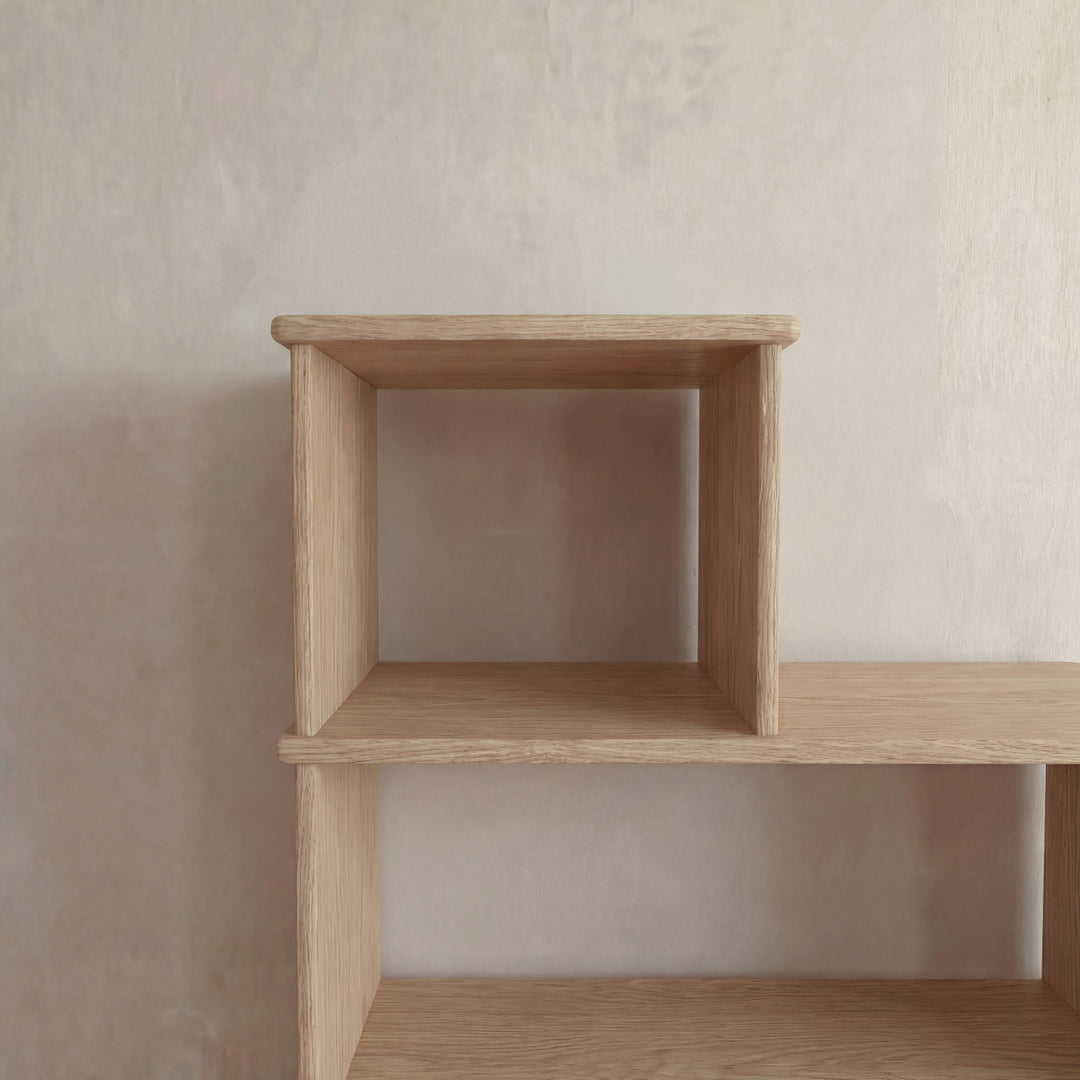 step bookcase in white oak details