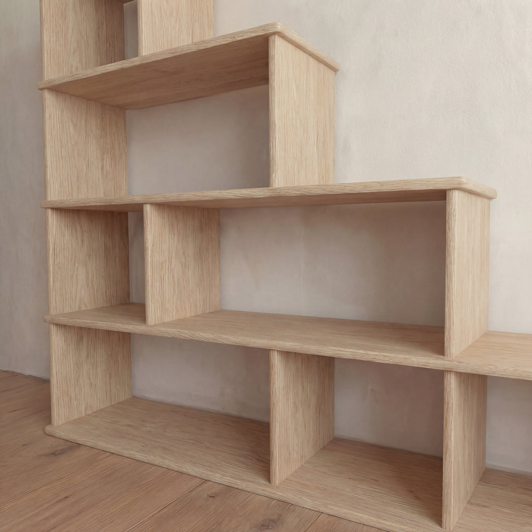 step bookcase in white oak zoomed in