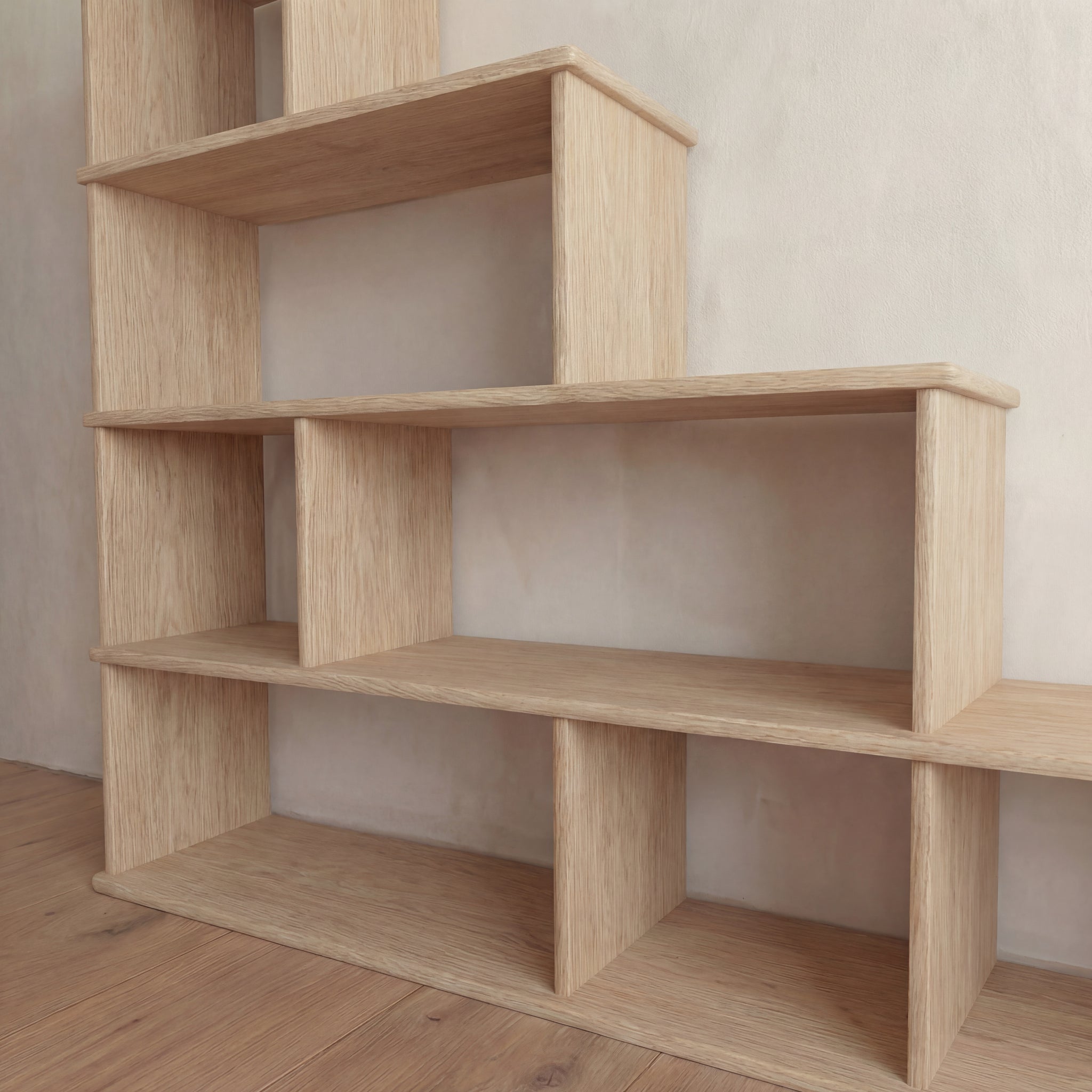 step bookcase in white oak zoomed in