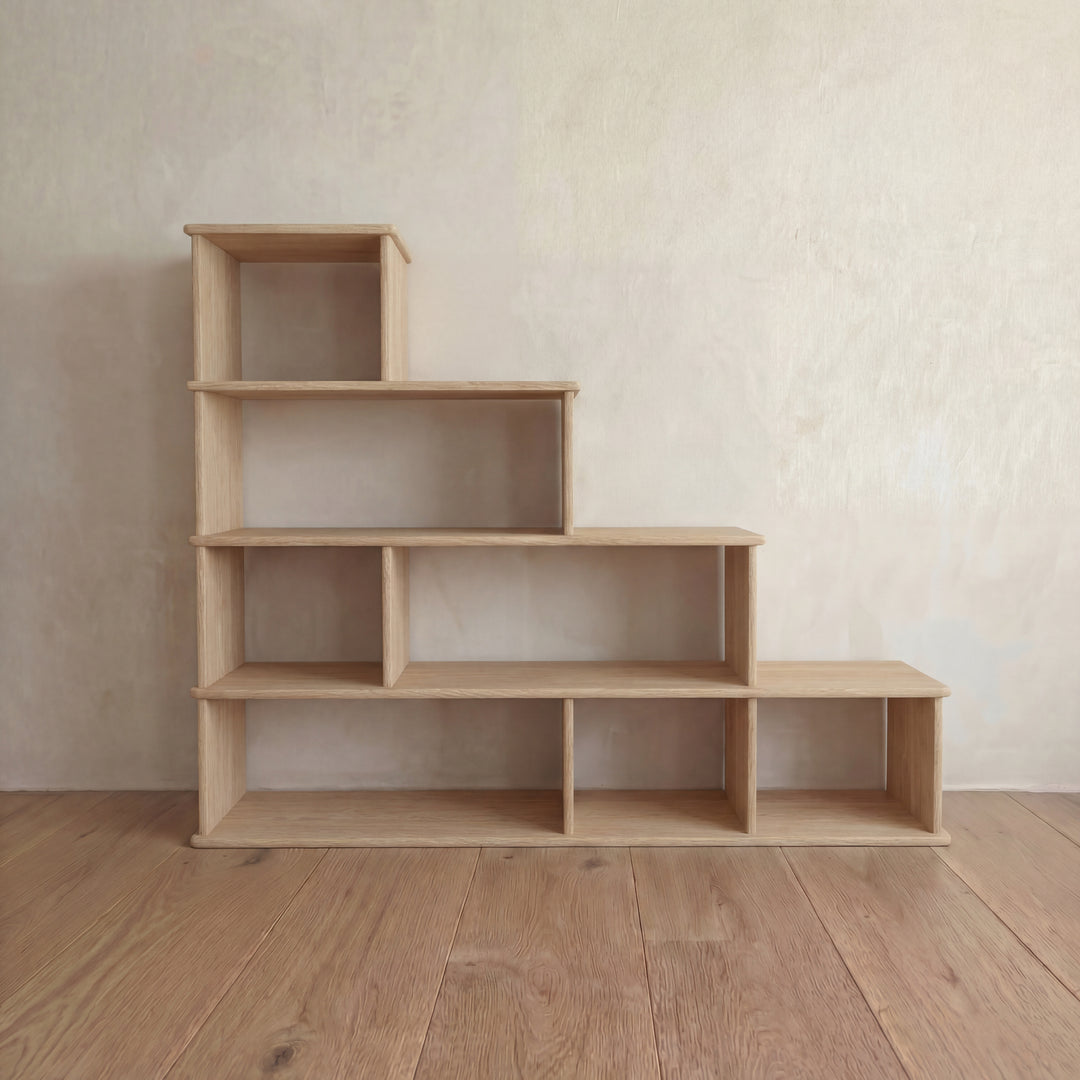 Step bookcase in white oak