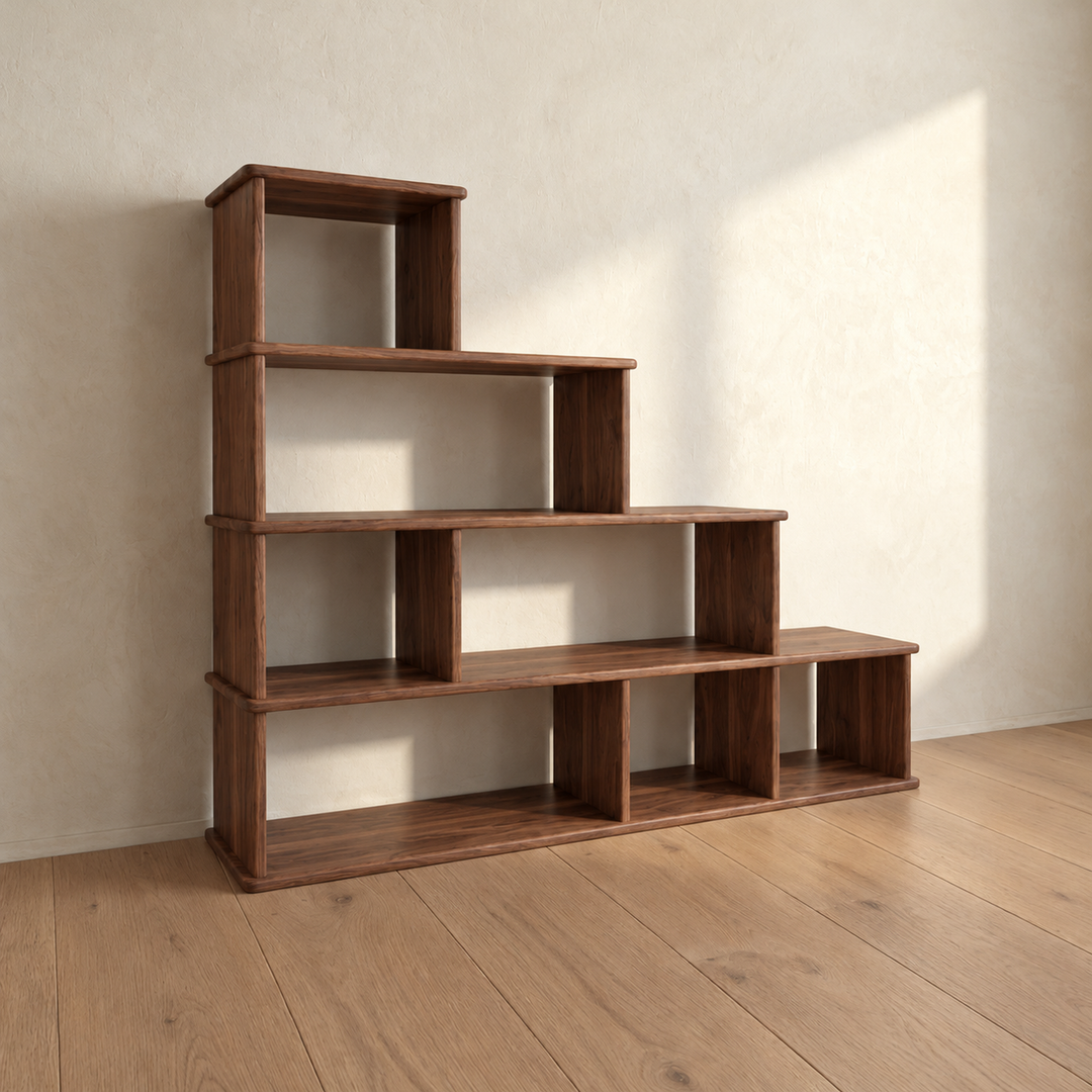 The empty step bookshelf in walnut from an angle, showing the stepped tiers and the depth of the open cubes.