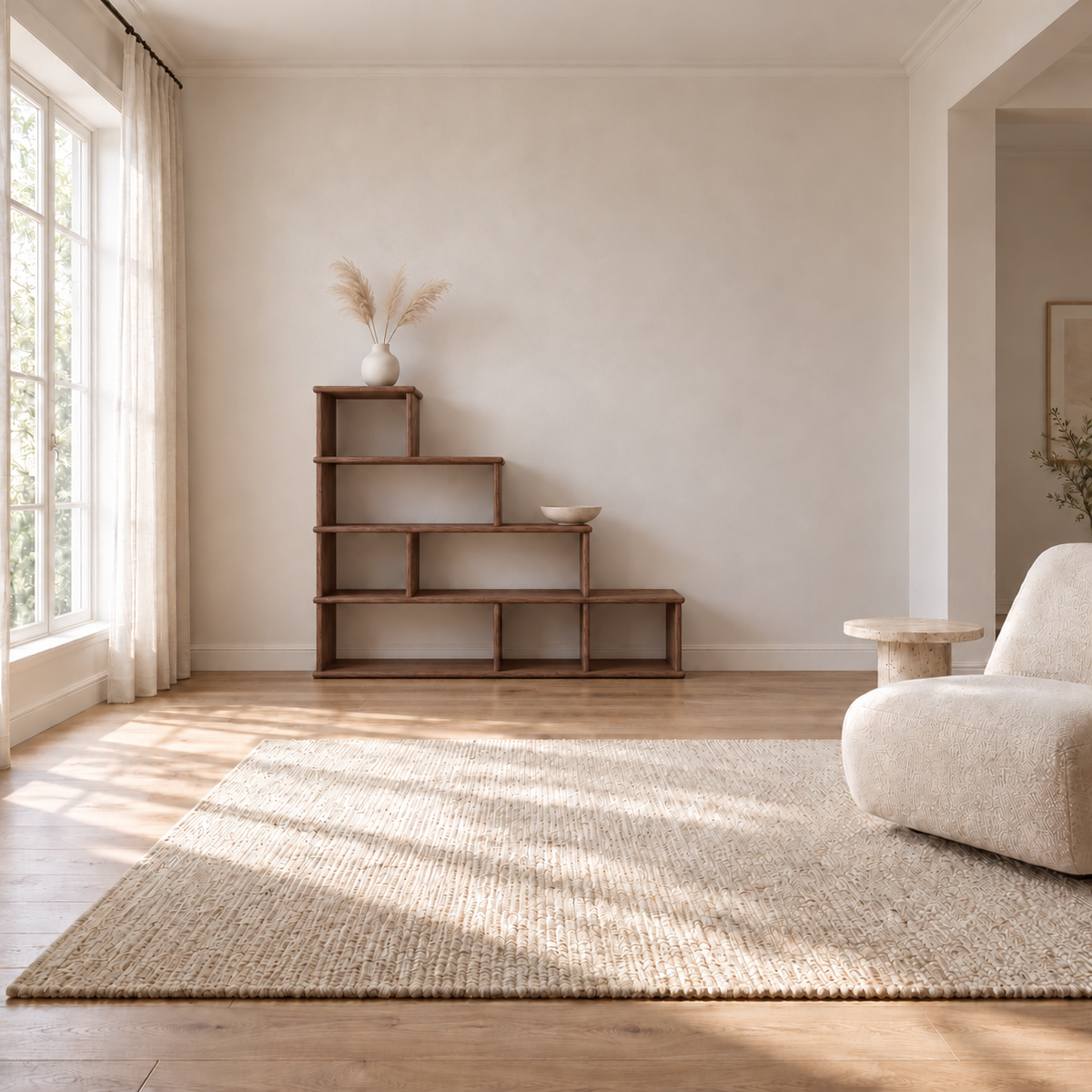 The step bookshelf in walnut against the wall of a bright living room with tall windows, linen curtains, a textured wool rug and a cream boucle chair, with a vase of pampas grass on top and a bowl on one step.