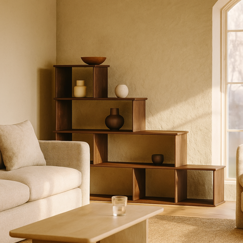 Walnut step bookshelf in a living room