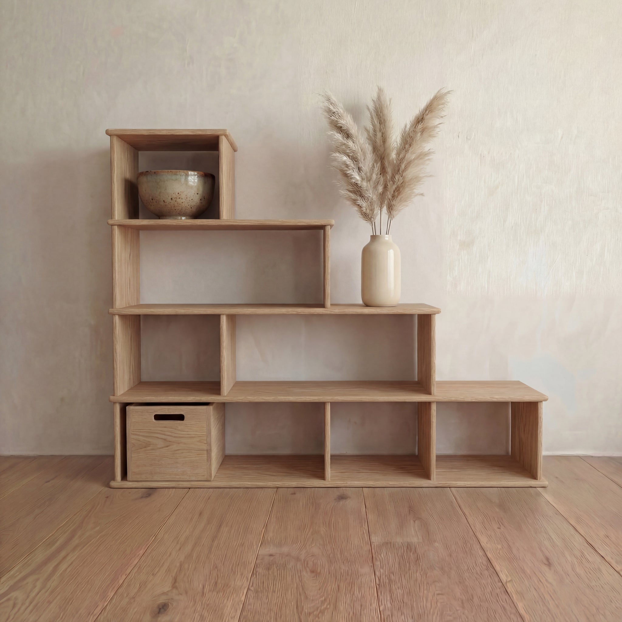 step bookshelf in white oak