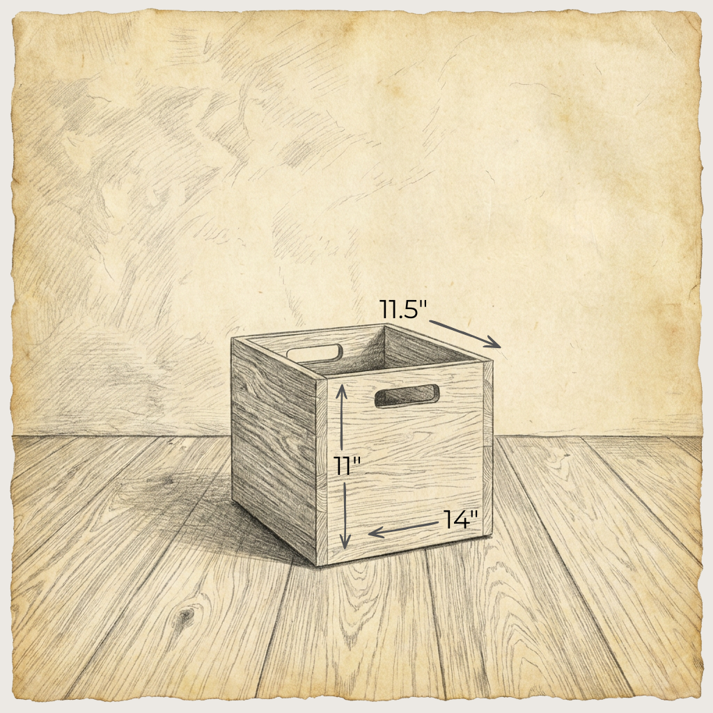 The Storage cube in red oak sits on a wooden floor, featuring a handle cutout on the front and measuring 11" tall, 11.5" deep, and 14" wide.