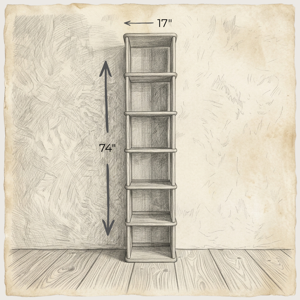 A pencil sketch of the Tall Narrow Bookcase in White Oak—handmade in Vancouver, with five shelves, 74" high by 17" wide—stands against a textured wall on a wooden floor.