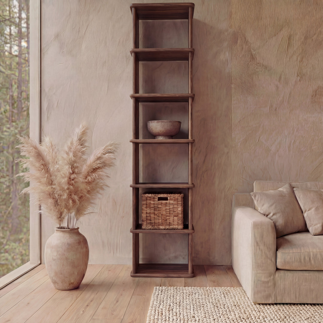 Tall narrow bookcase in walnut