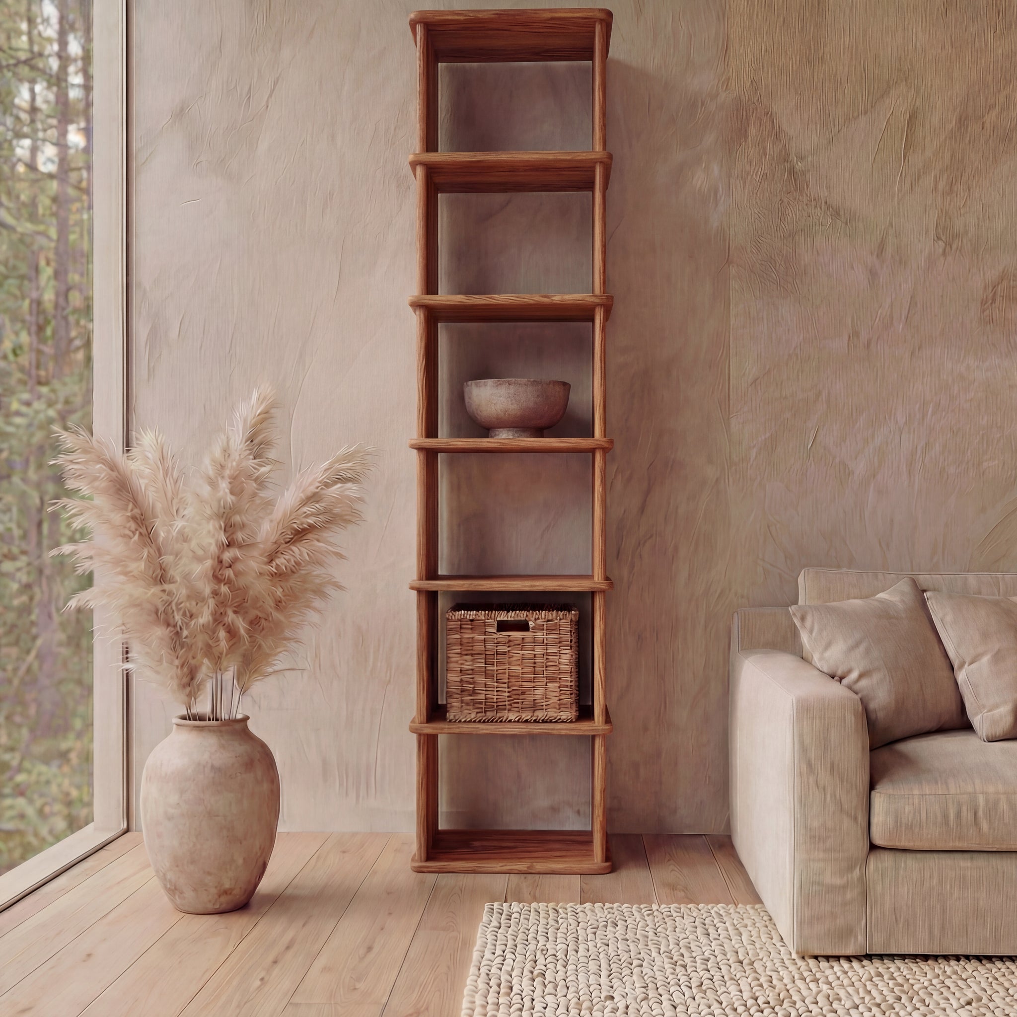 Tall narrow bookcase in solid wood