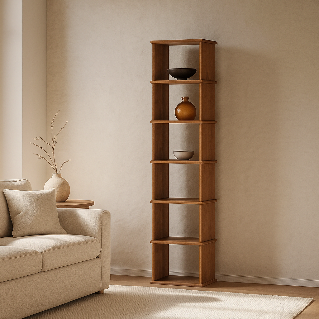 Tall narrow bookcase in solid wood