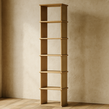 Tall narrow bookcase in white oak