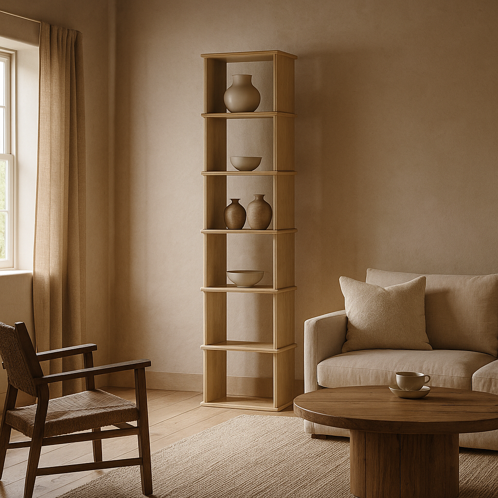 Tall narrow bookshelf in white oak