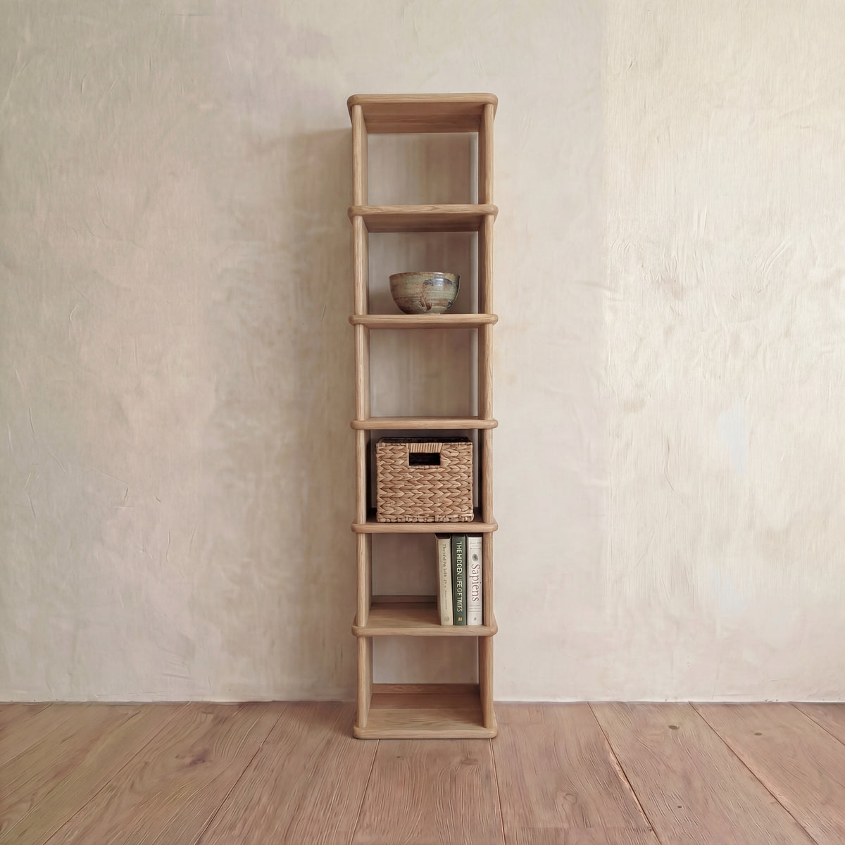 tall narrow solid white oak bookcase