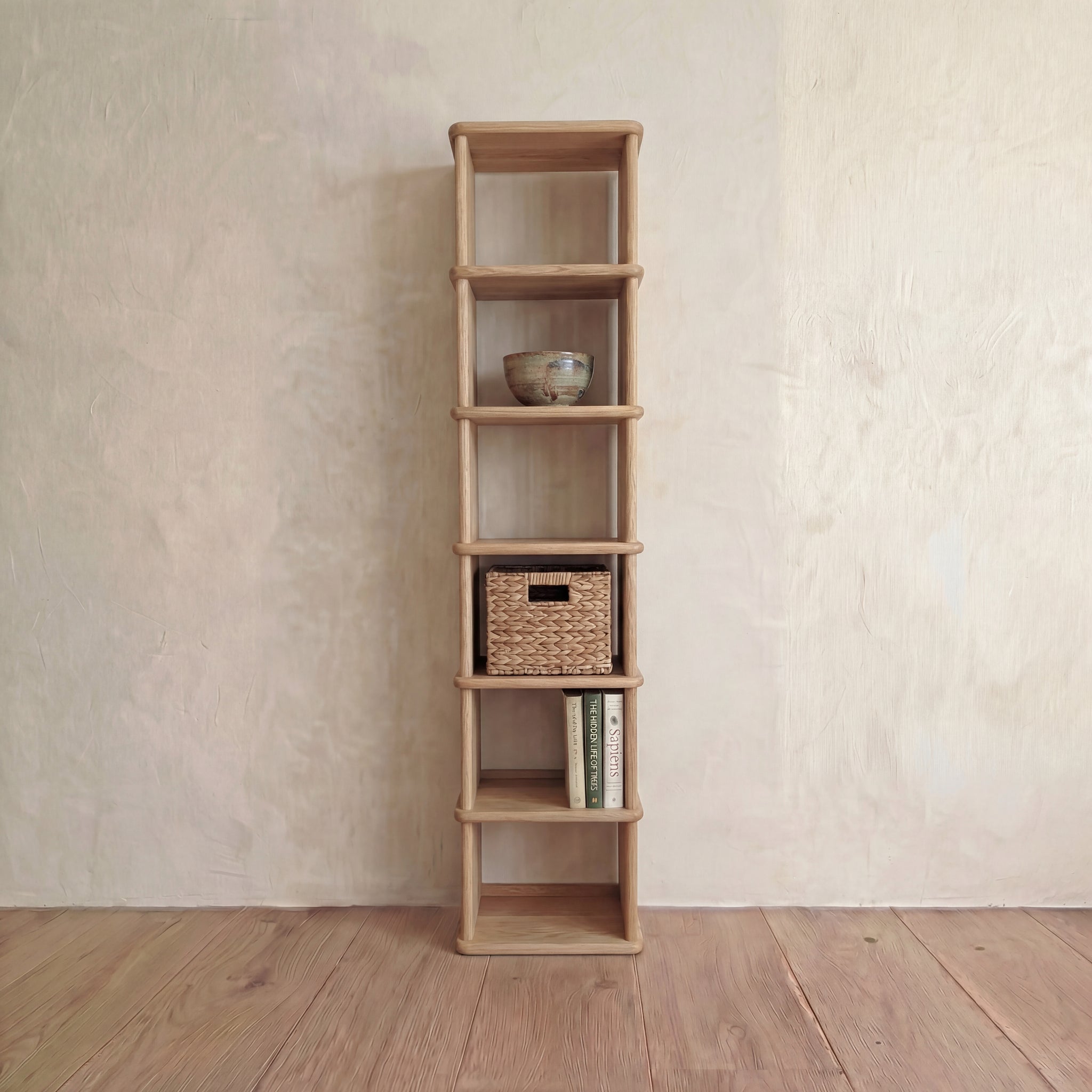 tall narrow solid white oak bookcase