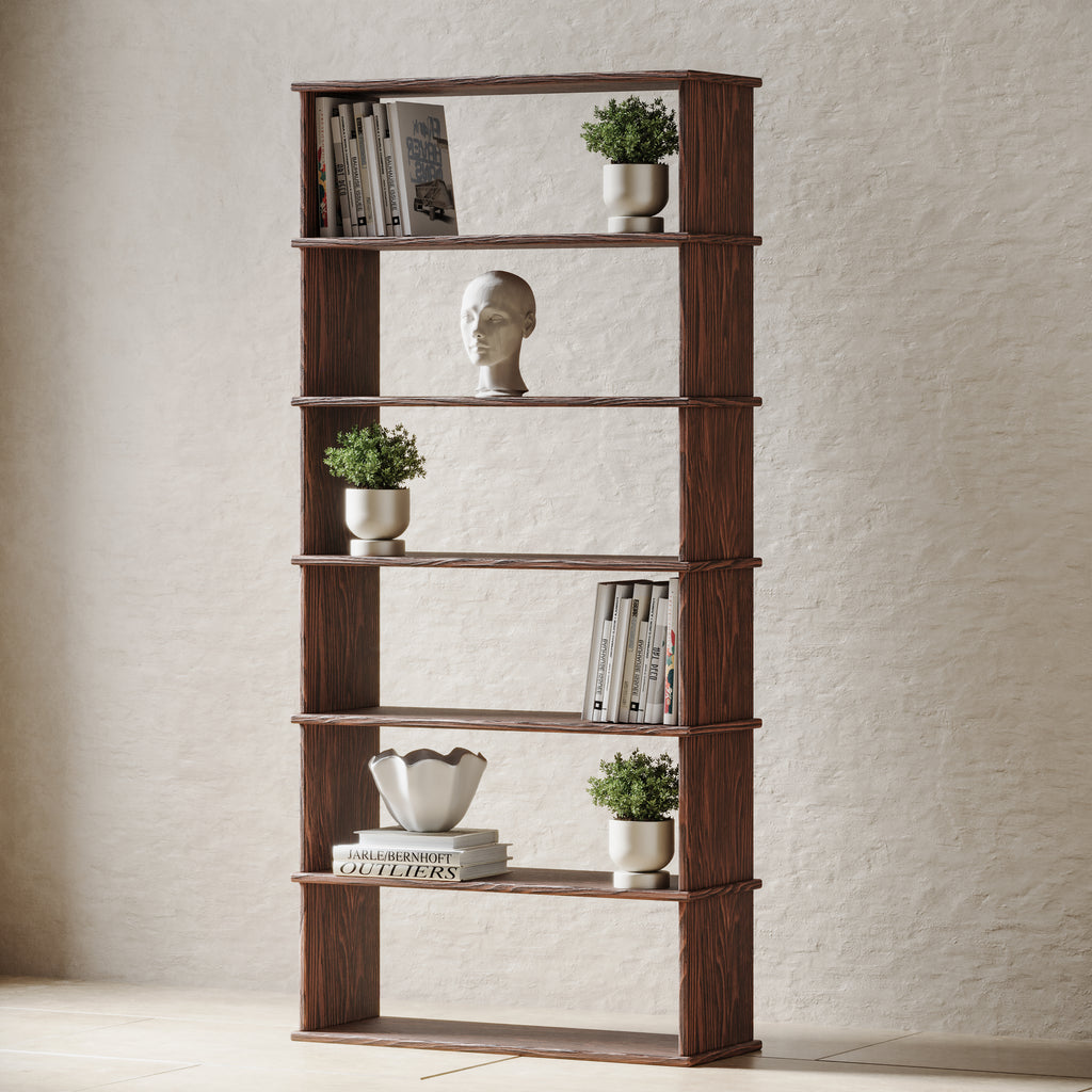 A tall walnut bookcase