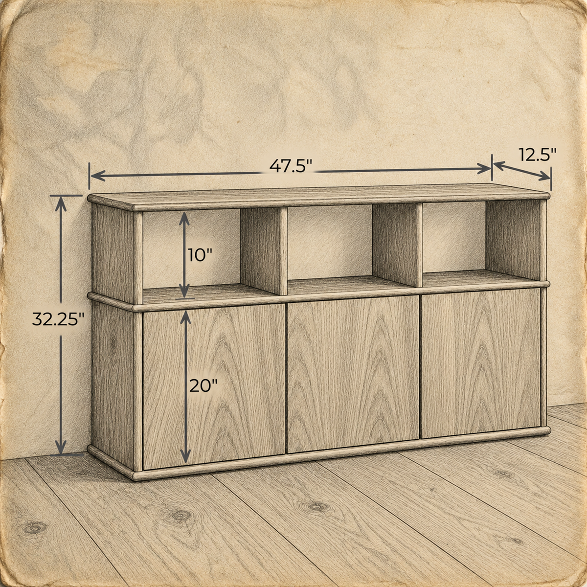 Pencil sketch of the three door sideboard on aged paper, measuring 47.5 inches wide, 12.5 inches deep and 32.25 inches high, with 10 inch cubbies above 20 inch doors.