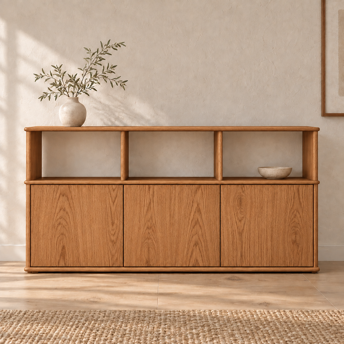 The three door sideboard in red oak in a sunlit room, with a vase of olive branches on top and a ceramic bowl in one of the cubbies, on a woven rug.
