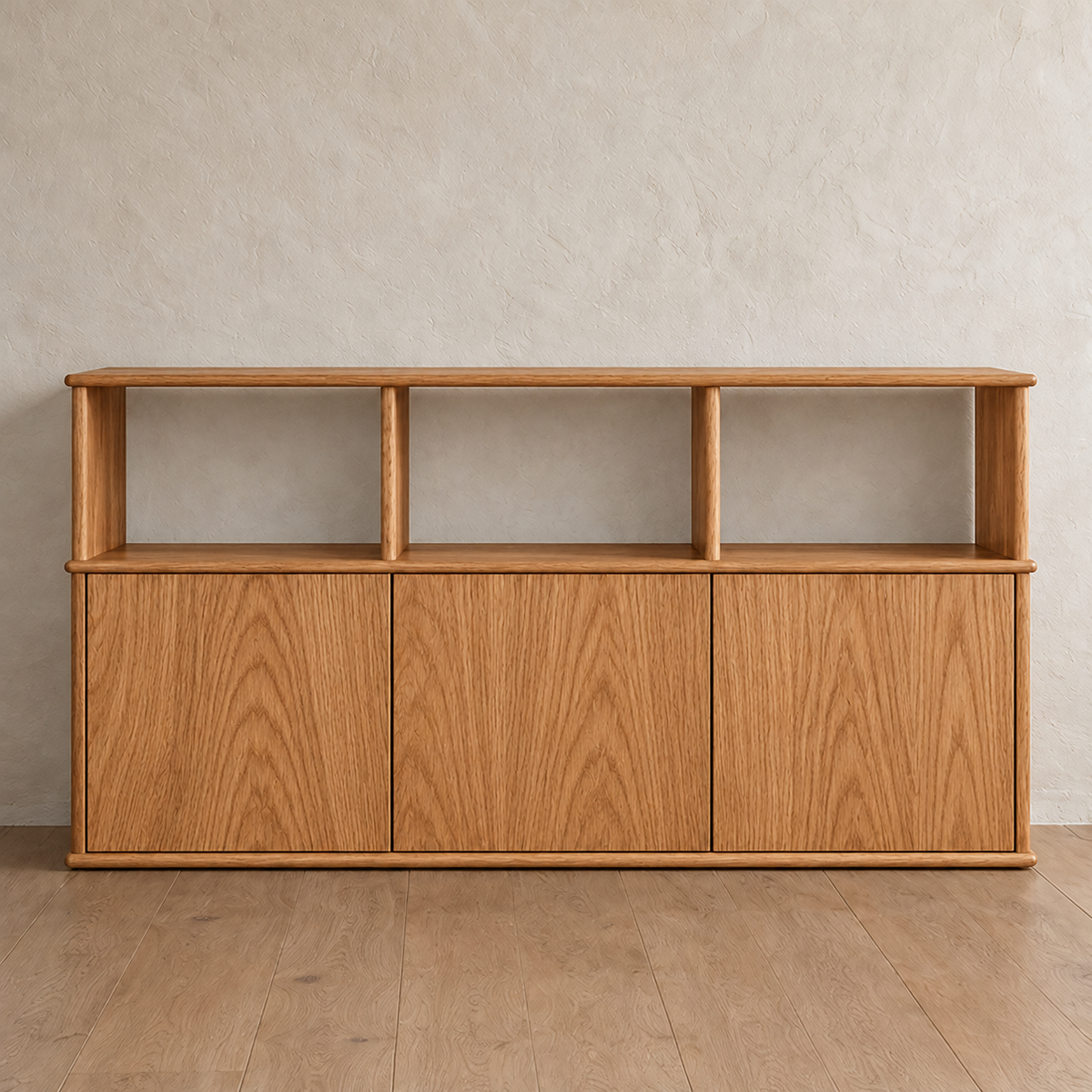 Front view of the three door sideboard in red oak, with three open cubbies above three push-to-open doors.