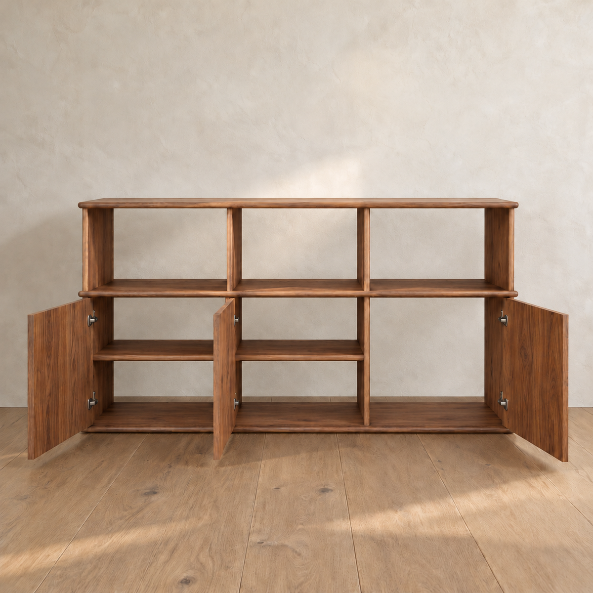 The three door sideboard in walnut with all three doors open, showing a shelf in each of the two left bays and a tall open bay on the right.