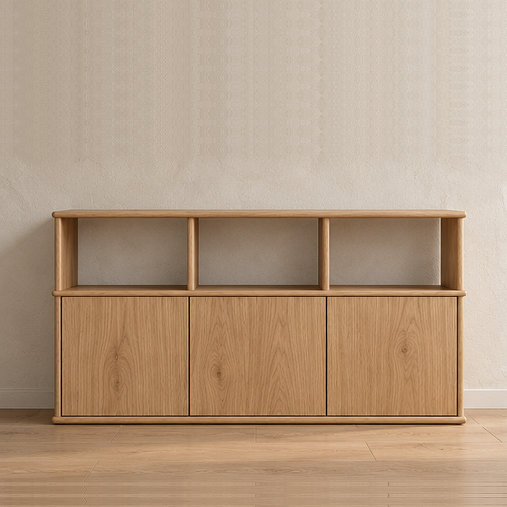 Front view of the three door sideboard in white oak, with three open cubbies above three push-to-open doors.