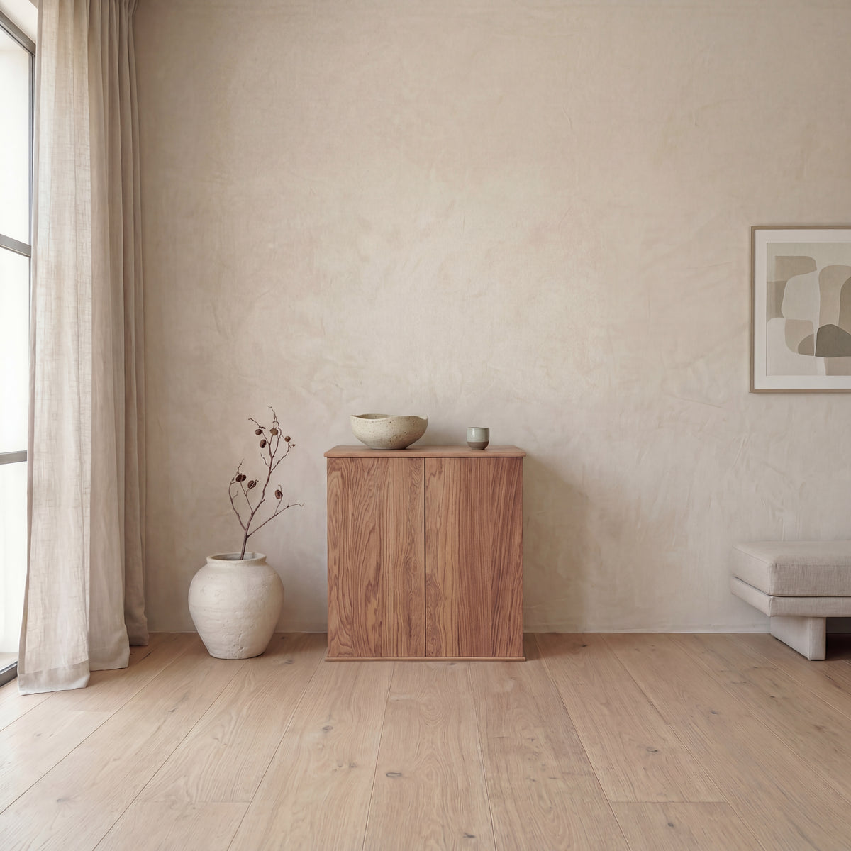 Two door cabinet in red oak — living room