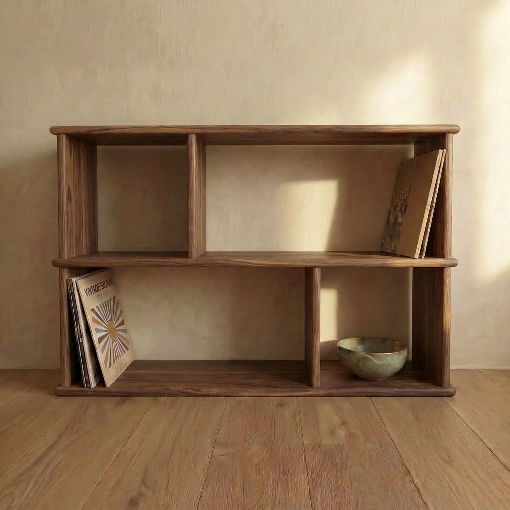 The Vinyl record bookcase in walnut features a modern, minimal design and holds several vinyl records and a small ceramic bowl. Handmade in Vancouver, it stands on a wooden floor against a plain beige wall.
