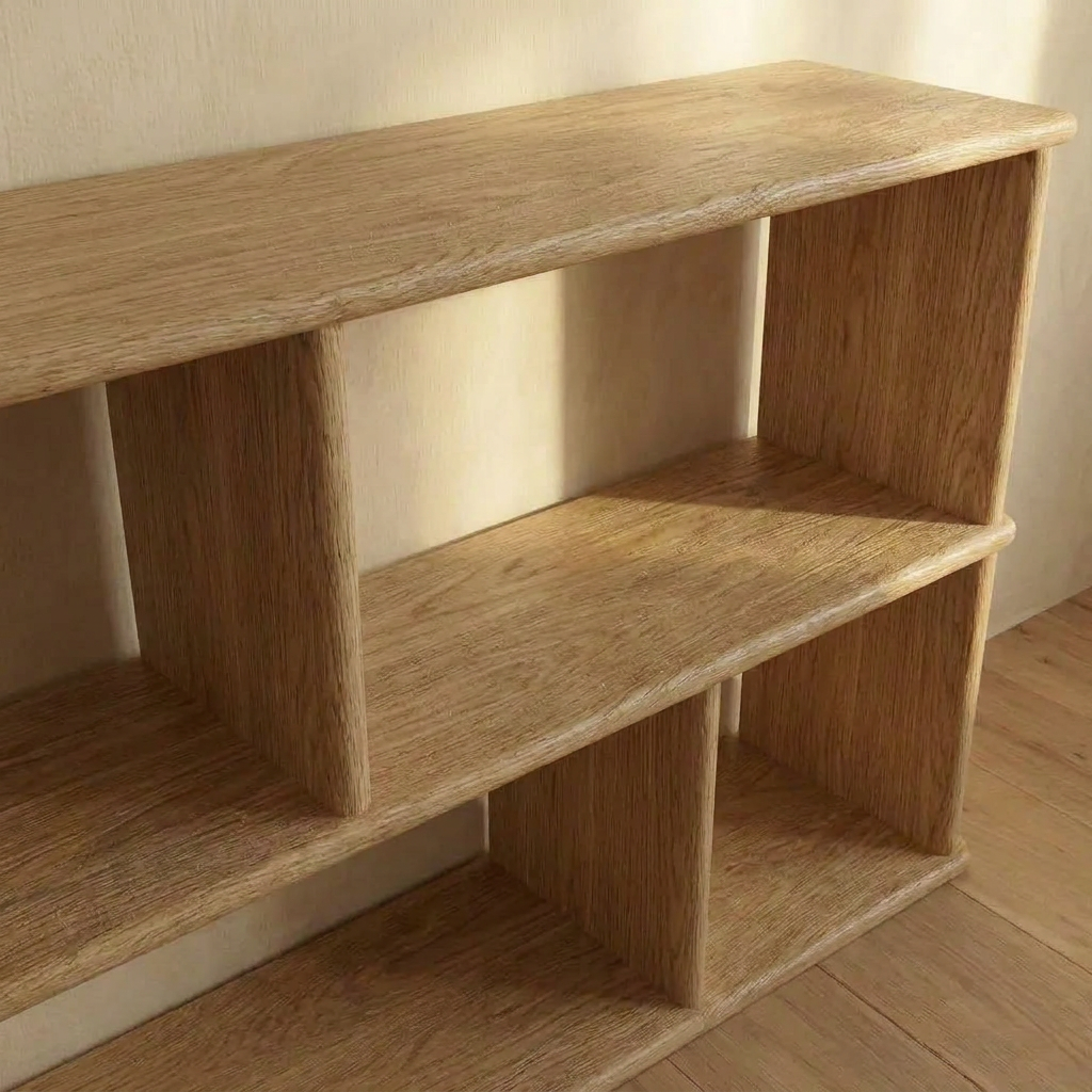 A close-up of the Vinyl record bookcase in white oak, handmade in Vancouver with a minimalist design. Its open rectangular compartments showcase the natural wood grain as sunlight casts gentle shadows on the unit and wall.