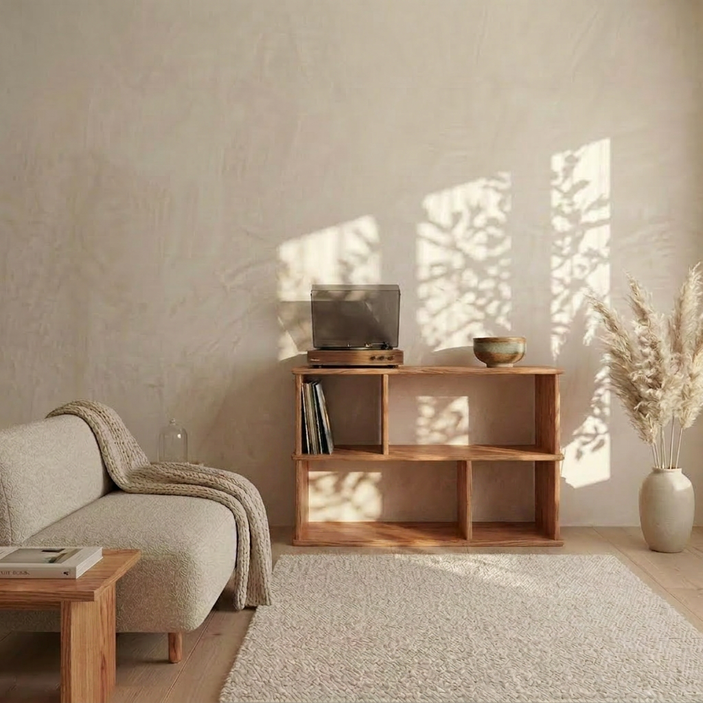 A cozy minimalist living room features a light sofa, beige throw, and a handmade Vinyl record bookcase in red oak from Vancouver, displaying a bowl and records, with pampas grass in a vase and sunlight casting leaf shadows on the beige textured wall.