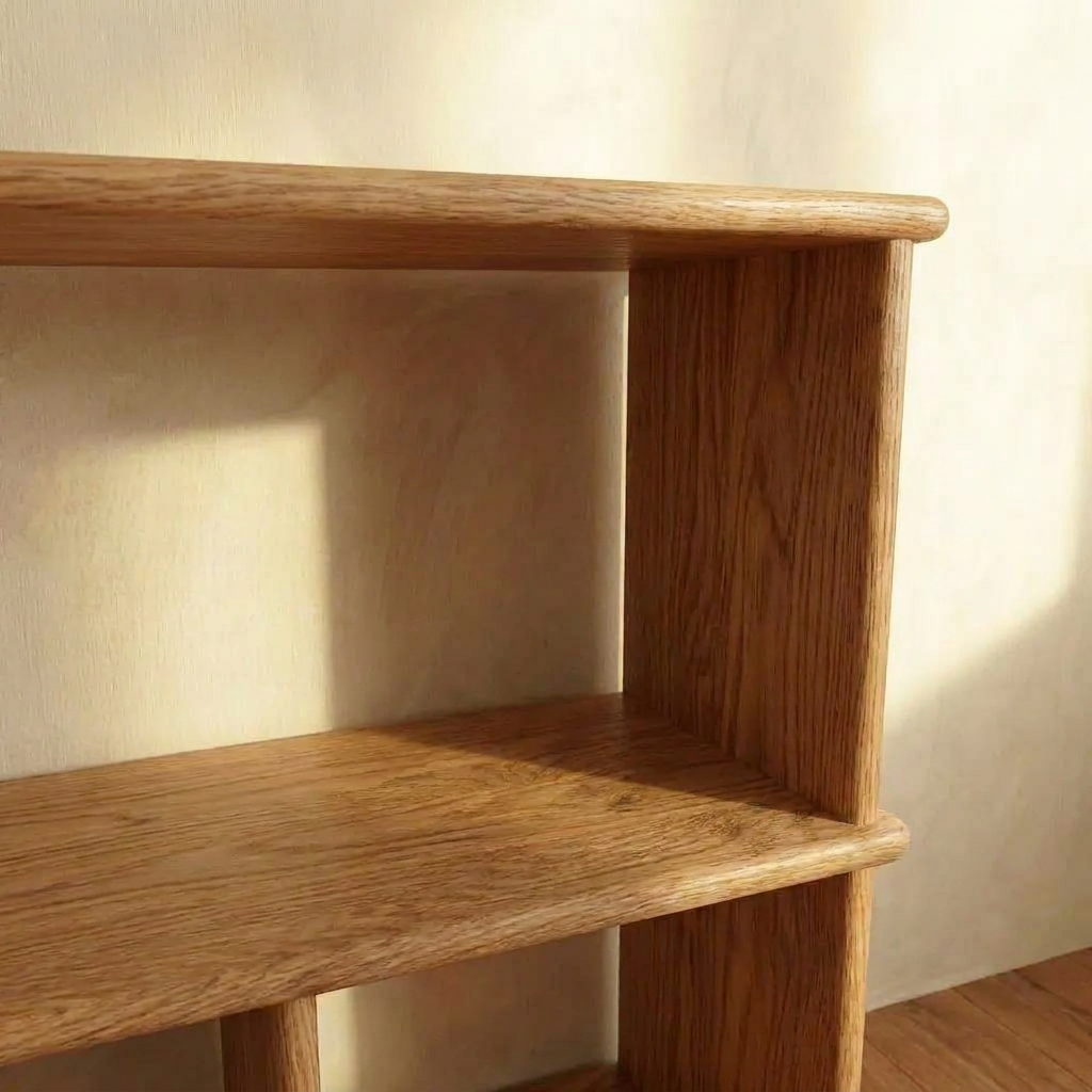 Close-up of the Vinyl record bookcase in red oak, handmade in Vancouver with a smooth finish. Horizontal and vertical panels highlight the wood grain—sunlit shadows enhance its warmth, making it ideal for displaying or storing vinyl records.