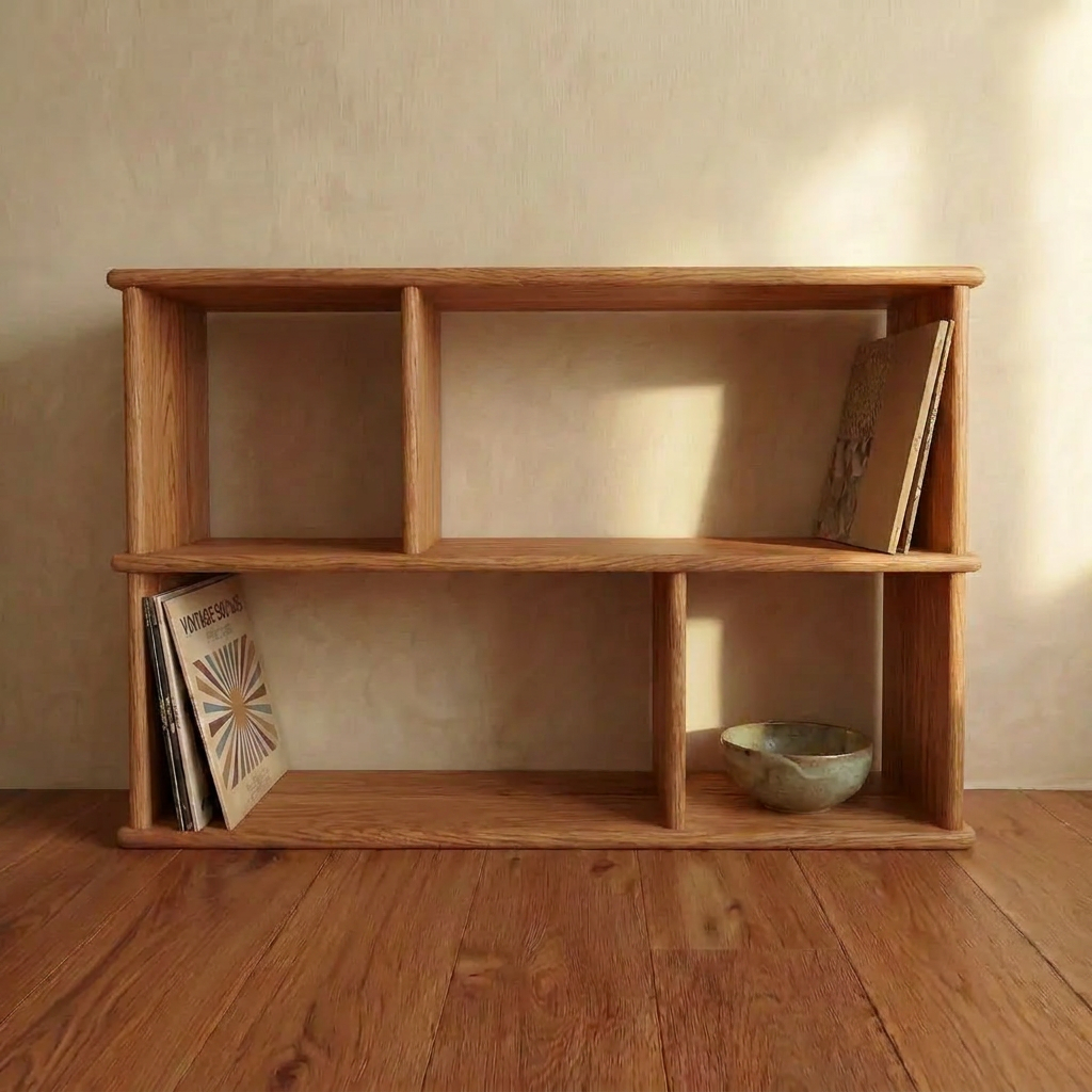 The Vinyl record bookcase in red oak, handmade in Vancouver from light solid wood, stands on a wooden floor against a plain beige wall. Its open compartments hold vinyl records and a bowl.