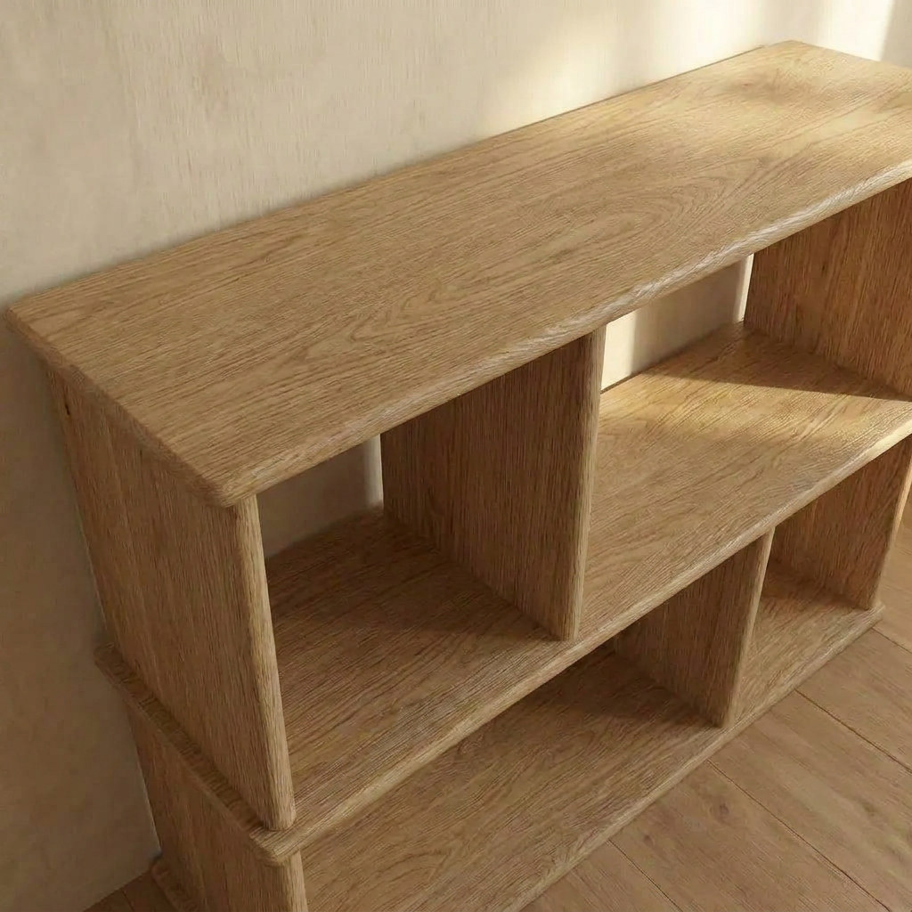 The Vinyl record bookcase in white oak features three open compartments on top and three below, handmade in Vancouver with a natural wood grain finish, shown against a light wall on a wooden floor.