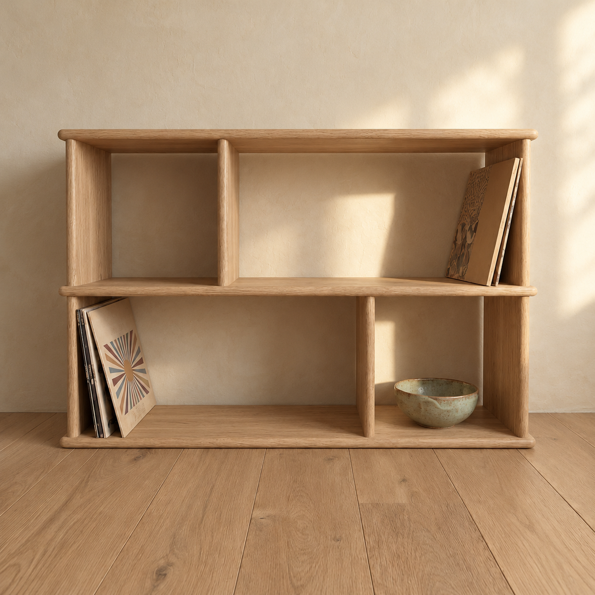 The vinyl record bookcase in white oak against a plaster wall, with vinyl records in two compartments and a ceramic bowl on the bottom shelf.
