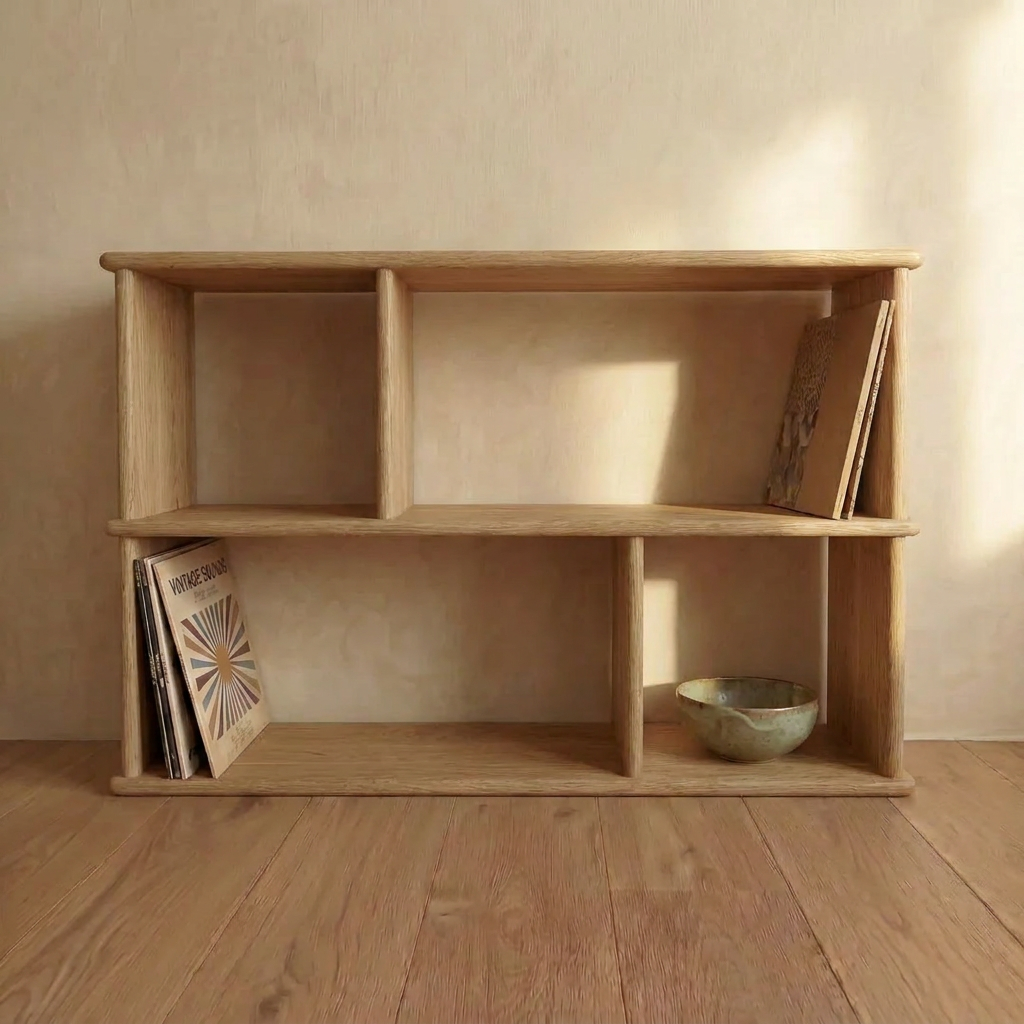The Vinyl record bookcase in white oak features three compartments and holds vinyl records and a ceramic bowl. It stands against a light beige wall on a wooden floor. Handmade in Vancouver, this minimalist piece offers stylish storage.