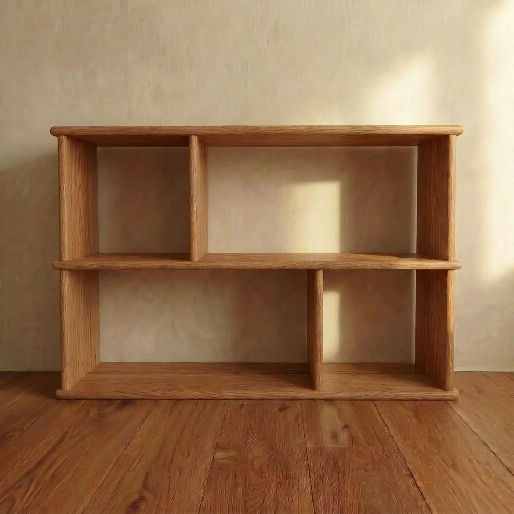 The Vinyl record bookcase in red oak features a simple, modern design with four open compartments, ideal for storing vinyl records. Shown against a beige wall on a wooden floor, sunlight creates soft shadows beside it.