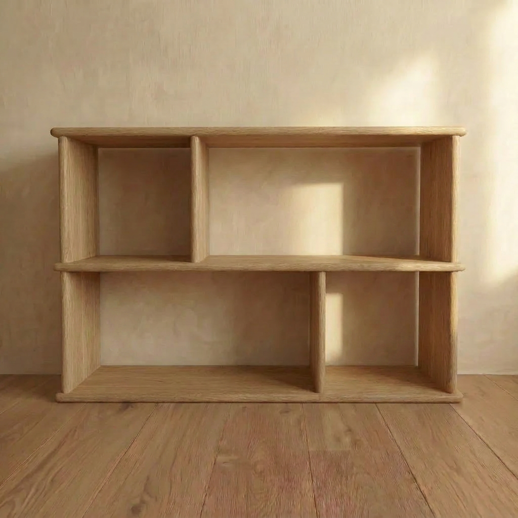 The Vinyl record bookcase in white oak is handmade in Vancouver with four uniquely sized compartments. It stands empty against a beige wall on a wooden floor, sunlight casting elegant shadows across its solid oak form.