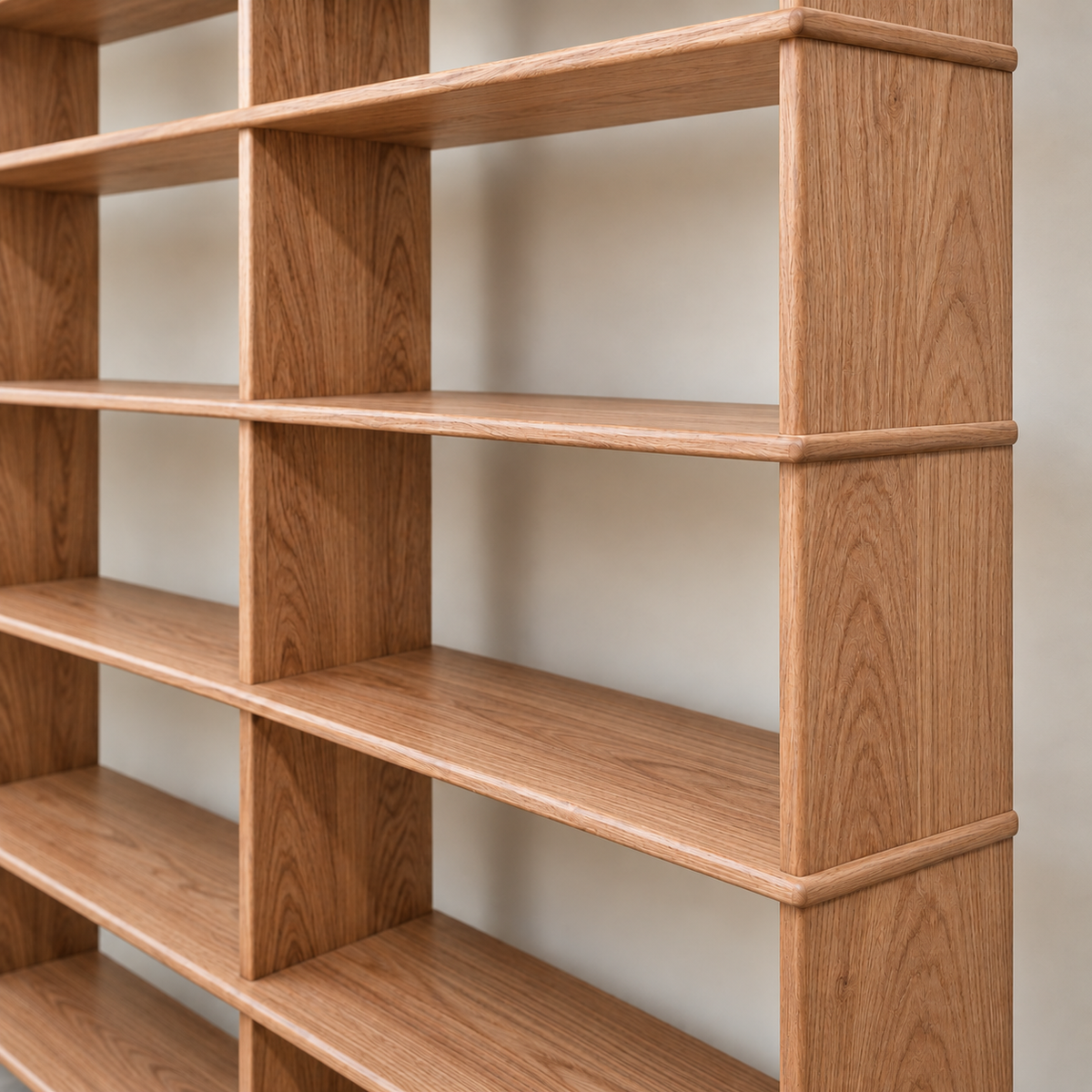 wall to wall bookcase in solid wood close up