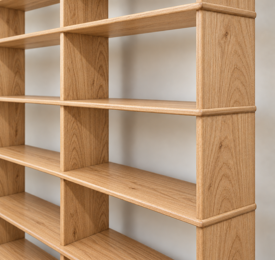 wall to wall bookcase white oak close up