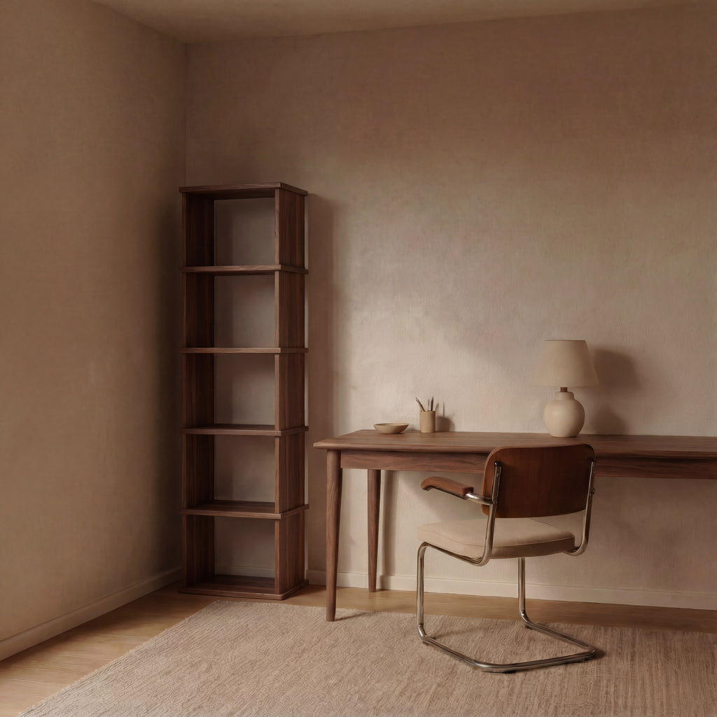 walnut bookcase in office