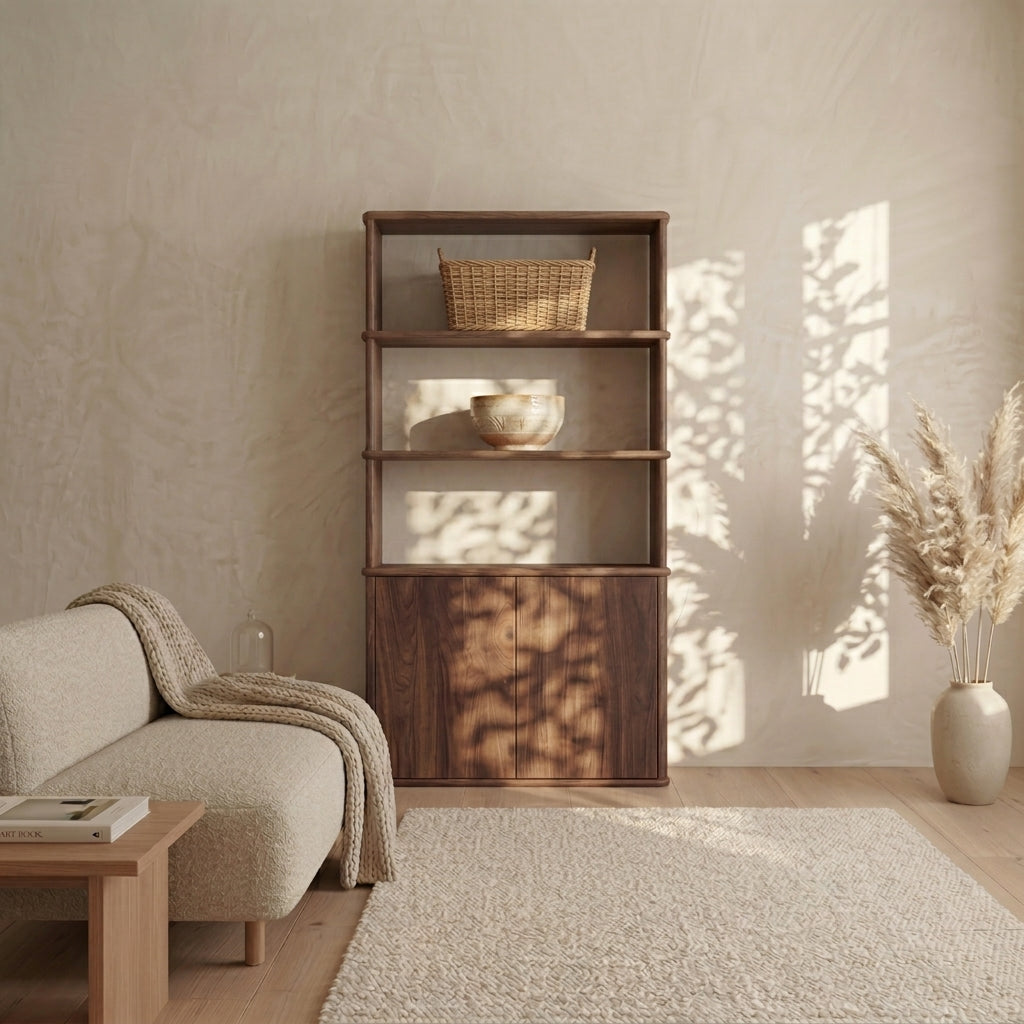 A minimalist living room with a beige sofa, a cabinet bookshelf in walnut featuring push-to-open doors, a woven basket, ceramic bowls, pampas grass in a vase, and sunlight casting shadows on the wall and rug.