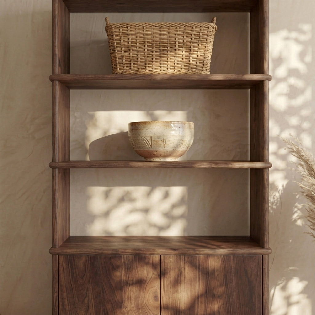 A Cabinet bookshelf in walnut holds a woven basket on the top shelf and a ceramic bowl on the middle shelf, while sunlight casts leaf-shaped shadows across the wall and shelves.