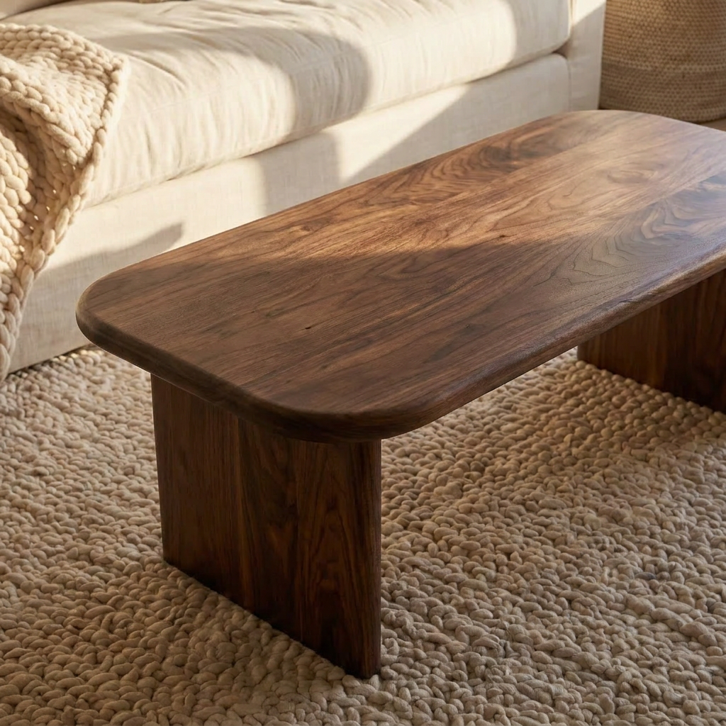 A 40 inch coffee table in walnut with rounded edges rests on a chunky beige woven rug, set before a cream sofa draped with a textured blanket, all illuminated by warm natural light.