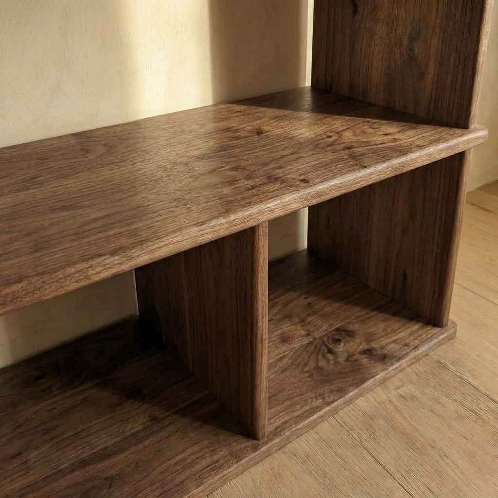 A close-up of the Console bookcase in walnut, handcrafted from solid walnut with two horizontal shelves and a vertical divider, set against a light-colored wall on a wooden floor.