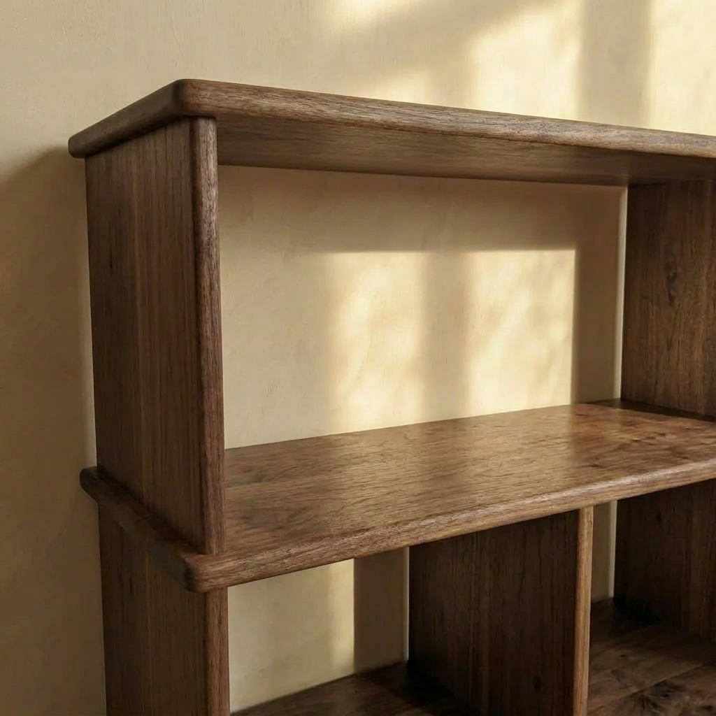 A Console bookcase in walnut with a natural finish stands against a beige wall, sunlight highlighting its solid walnut surface and creating soft shadows.