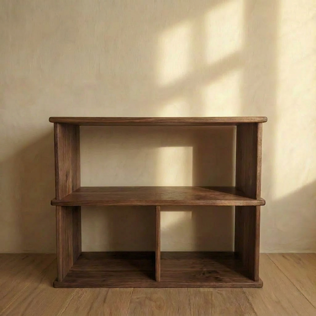 The Console bookcase in walnut, featuring two tiers and four compartments, stands against a beige wall with sunlight casting soft shadows across the wall and floor.