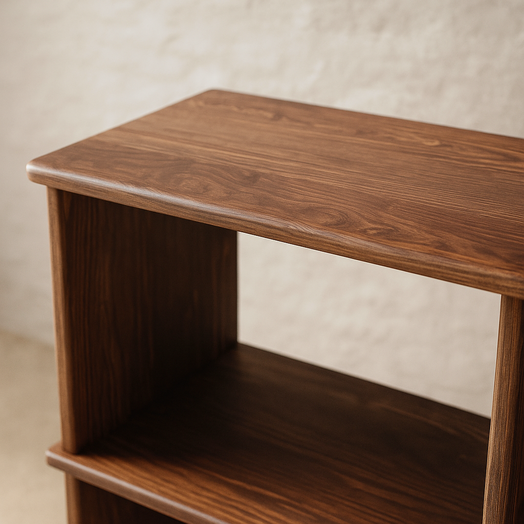 Solid walnut bookcase up close