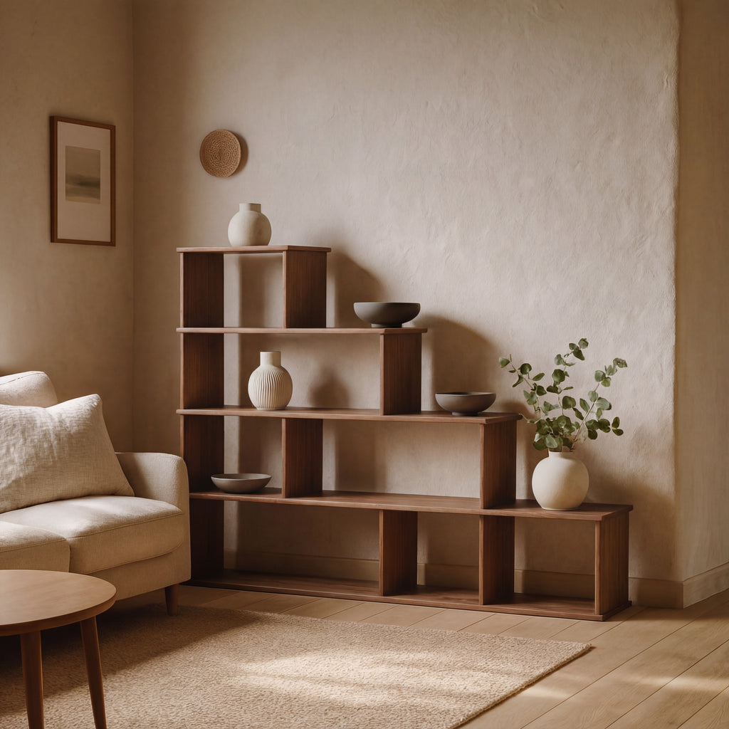 walnut step bookcase minimalist